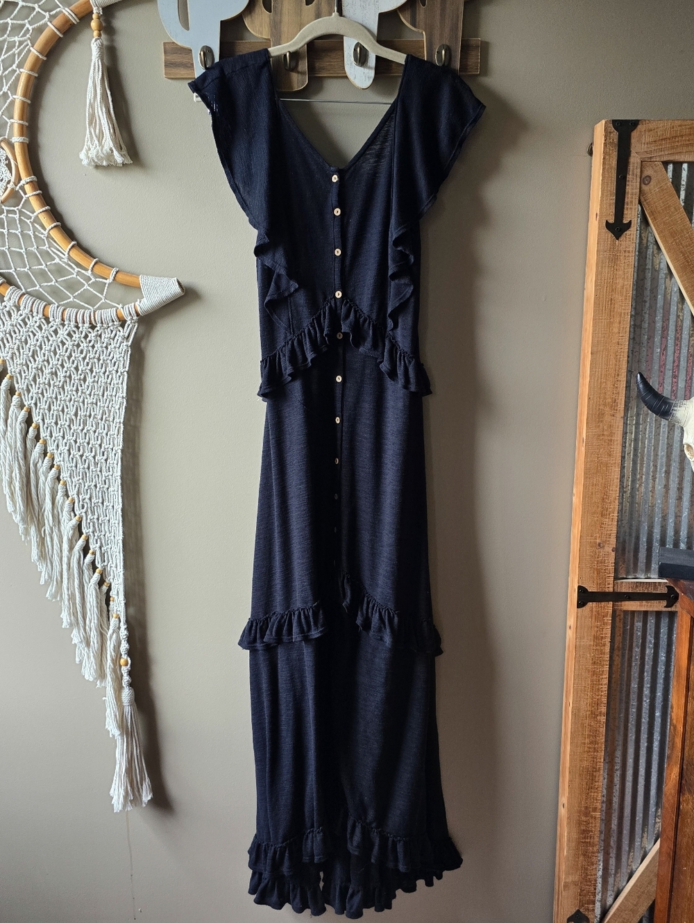 Free People Beach Amelia Ruffle Maxi Dress Black Nwot